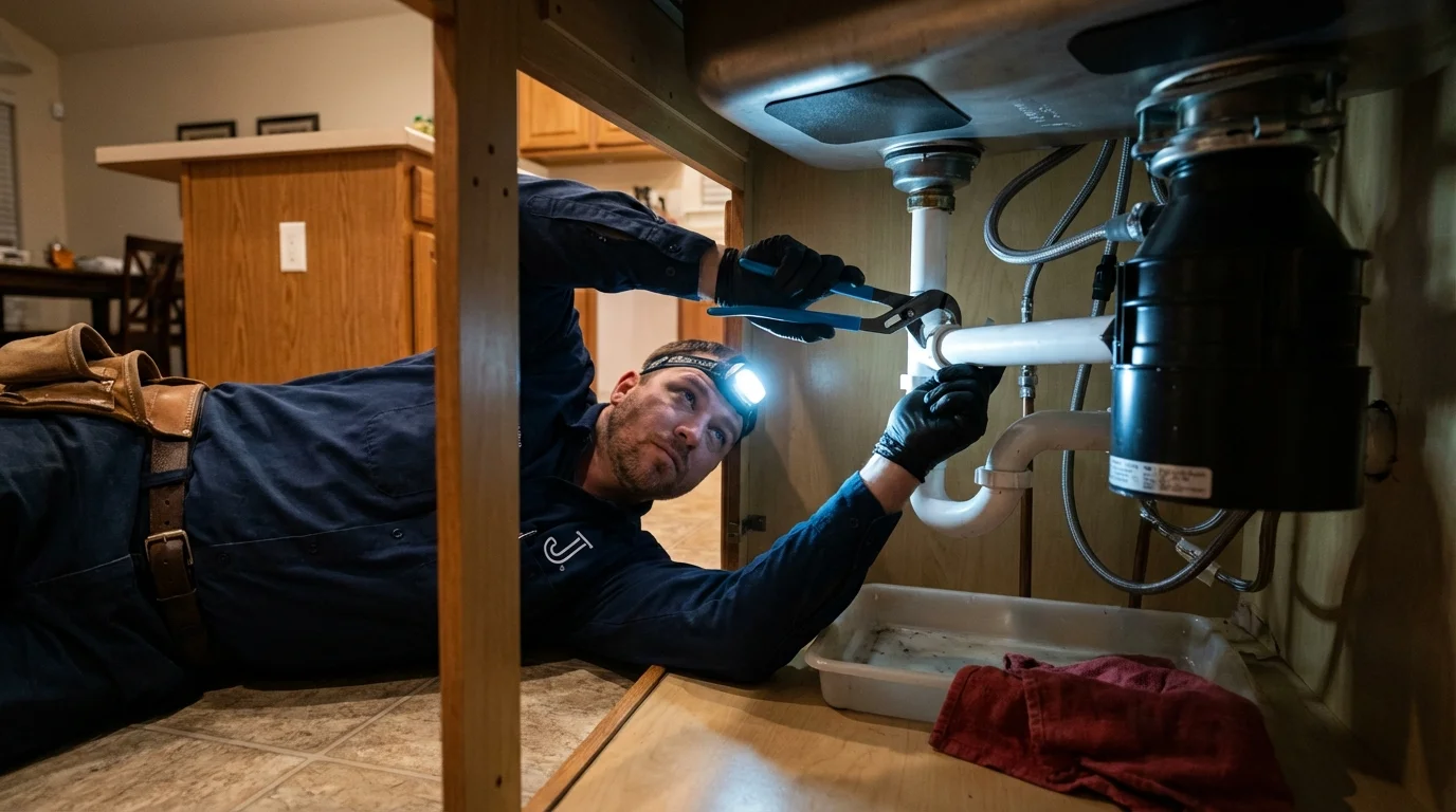 P-trap and supply line connections under a kitchen sink showing a common leak point in Skiatook, OK